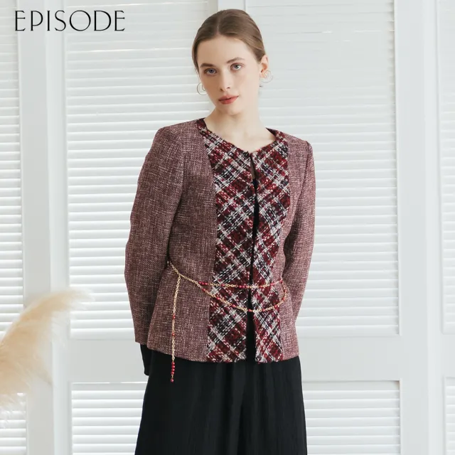 【EPISODE】出清品 高雅復古拼接格紋花呢修身小香風外套E30580