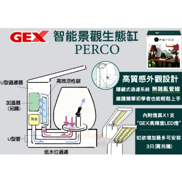 【GEX】景觀生態缸 PERCO 智能/低水位過濾設計/半水景/日本五味/魚缸(馬達和LED燈皆使用1A的USB電源)