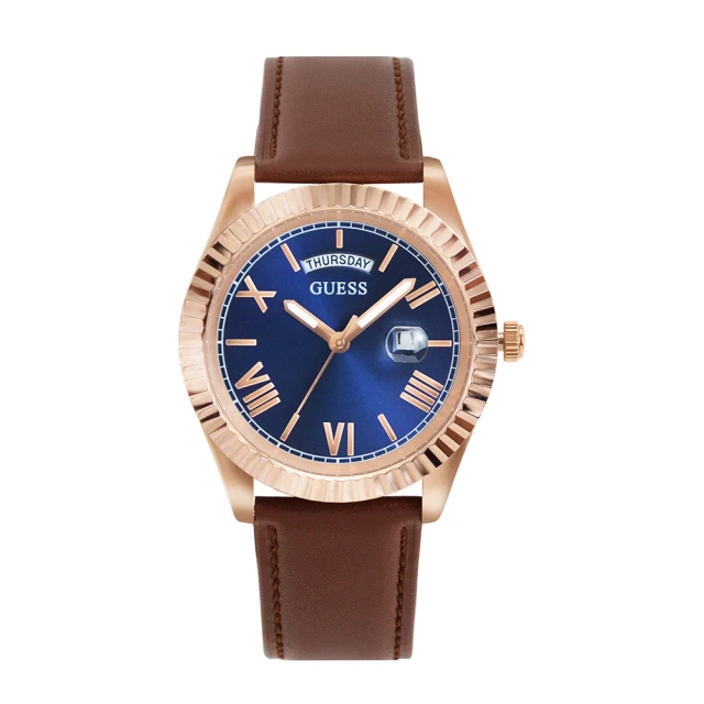 GUESS 玫瑰金框 藍面 羅馬刻度腕錶 棕色皮革錶帶 手錶 星期日期窗格顯示(GW0353G2)