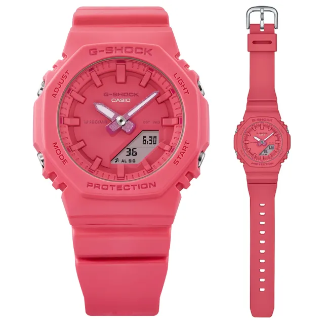 【CASIO 卡西歐】G-SHOCK x ITZY 迷你版農家橡樹 纖薄八角形雙顯錶-亮粉(GMA-P2100-4A 防水200米)