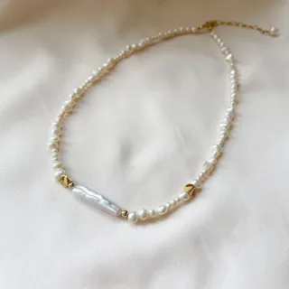 【Elegant 珍愛宣言】流星花園長形巴洛克天然珍珠頸項鍊(天然長條形珍珠 不規則小珍珠 珍珠項鍊