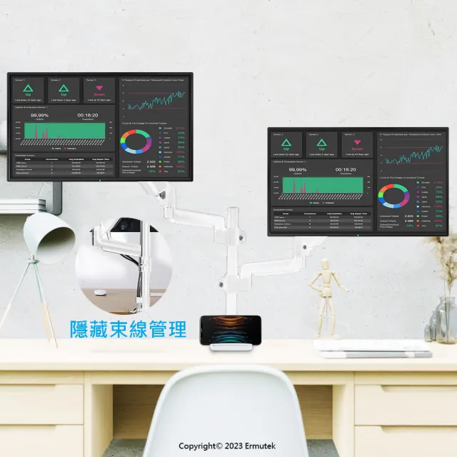 【Ermutek 二木科技】鋁合金立柱式桌上型17-32吋氣壓式雙電腦螢幕支架(夾鎖桌兩用固定/白色)