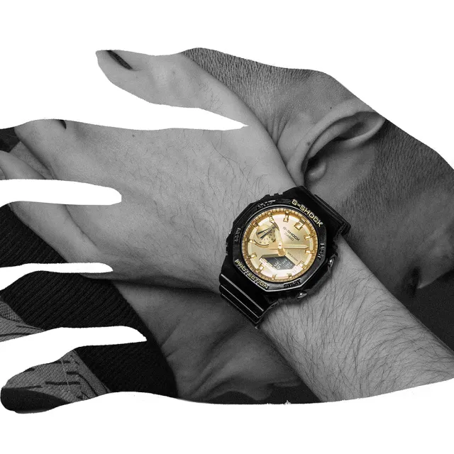 【CASIO 卡西歐】G-SHOCK 八角防護構造雙顯手錶-時尚黑金 畢業 禮物(GA-2100GB-1A)