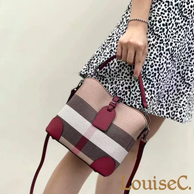 【LouiseC.】Tree House 牛皮+帆布配色格紋手提斜背水桶包-2色-多隔層設計(YS7999)