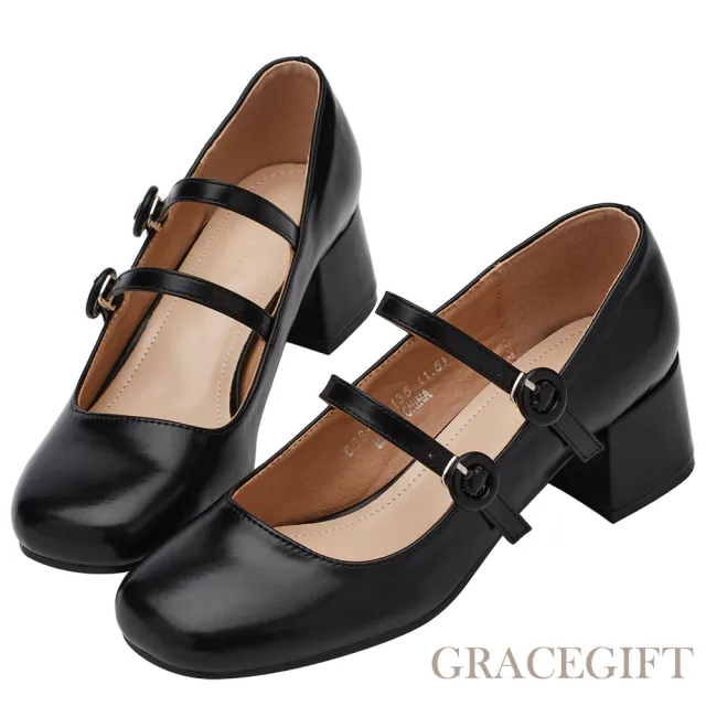 【Grace Gift】甜美圓釦雙帶中跟瑪莉珍鞋
