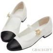 【Grace Gift】撞色圓頭拼接低跟瑪莉珍鞋