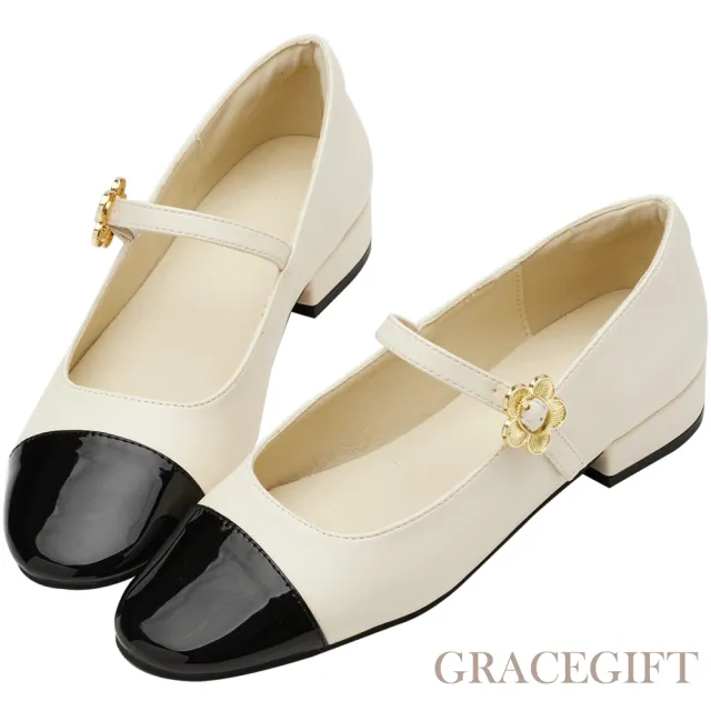 【Grace Gift】撞色圓頭拼接低跟瑪莉珍鞋