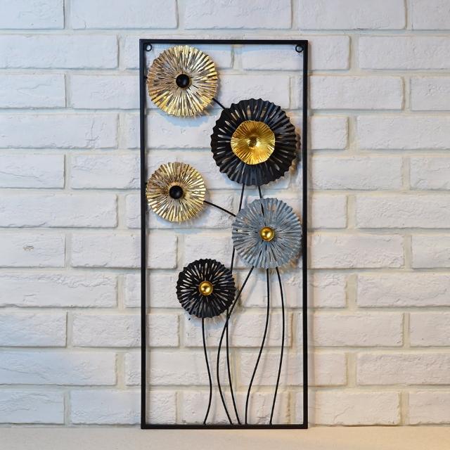 【YU Living 信歐傢居】北歐鐵藝太陽花造型壁掛 30x70cm(黑+黃+銀色/鐵藝工業 掛牆裝飾)