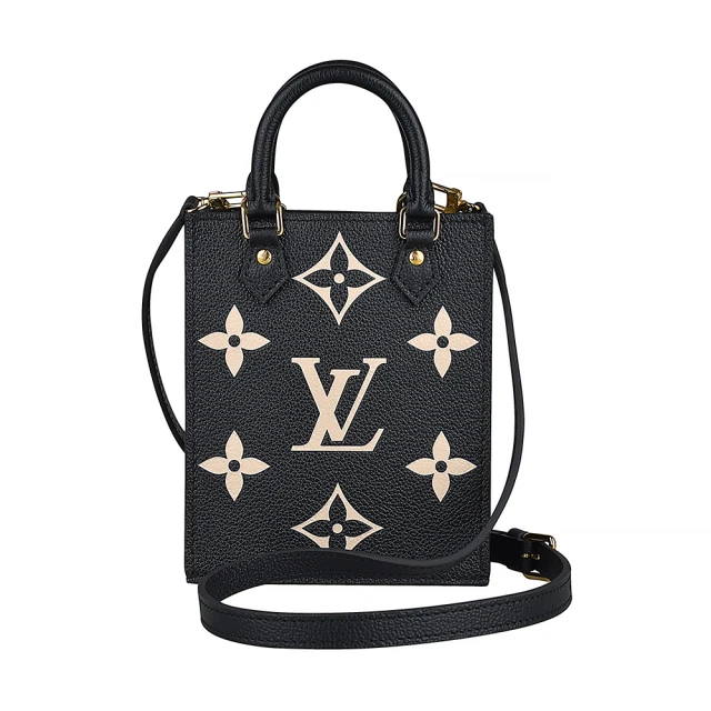 Louis Vuitton 路易威登 LV M81416 PETIT SAC PLAT經典LOGO Monogram Empreinte牛皮斜背包(迷你/黑x米)