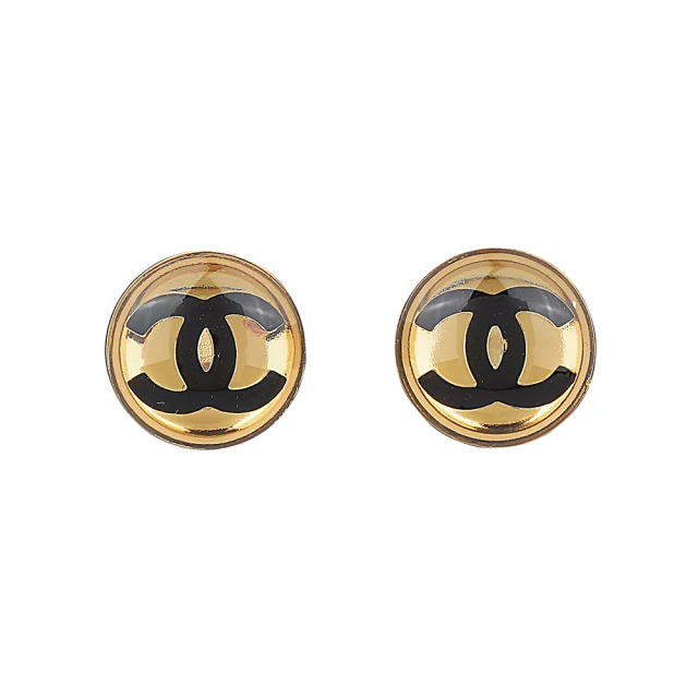 CHANEL 香奈兒 CHANEL黑字雙C LOGO壓克力圓珠設計穿式耳環(黑x金)