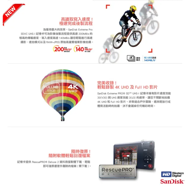 【SanDisk 晟碟】[全新版 再升級] 128GB Extreme PRO SDXC V30  記憶卡 200MB/s(原廠有限 永久保固)