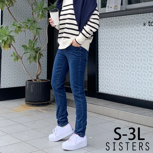 【SISTERS】現貨 寬腰頭收腹顯瘦刷痕牛仔褲 長褲/S-3L(褲子/女長褲/顯瘦/窄管褲/丹寧/內搭褲)