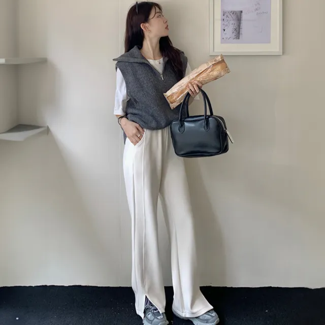 【ONEY 歐妮】★磨毛高腰鬆緊開岔直筒長褲(女上衣/長褲/保暖)