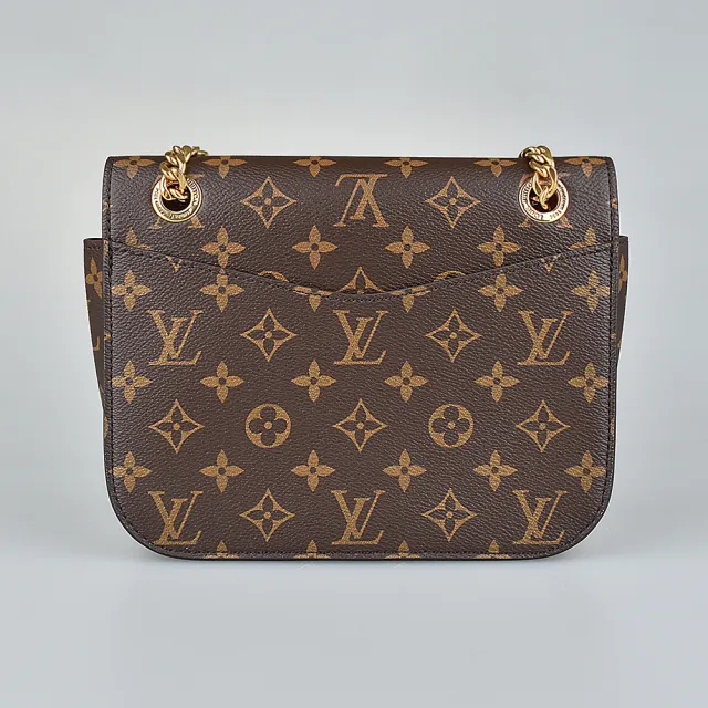 【Louis Vuitton 路易威登】LV M45592 Passy黑字LOGO印花Monogram帆布釦式斜背包(深咖啡x紅)