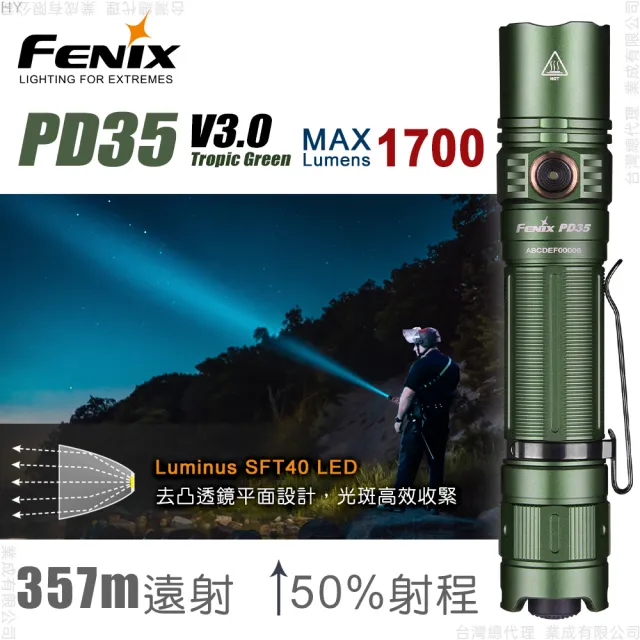 【Fenix】PD35 V3.0新世代戰術小直/熱帶綠(Max 1700 Lumens)