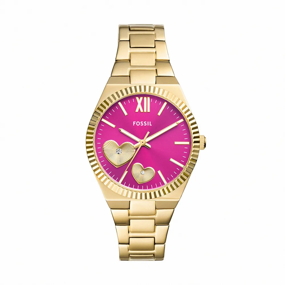 【FOSSIL 官方旗艦館】Scarlette 愛心鑲鑽指針女錶 金色不鏽鋼錶帶手錶 38MM ES5325