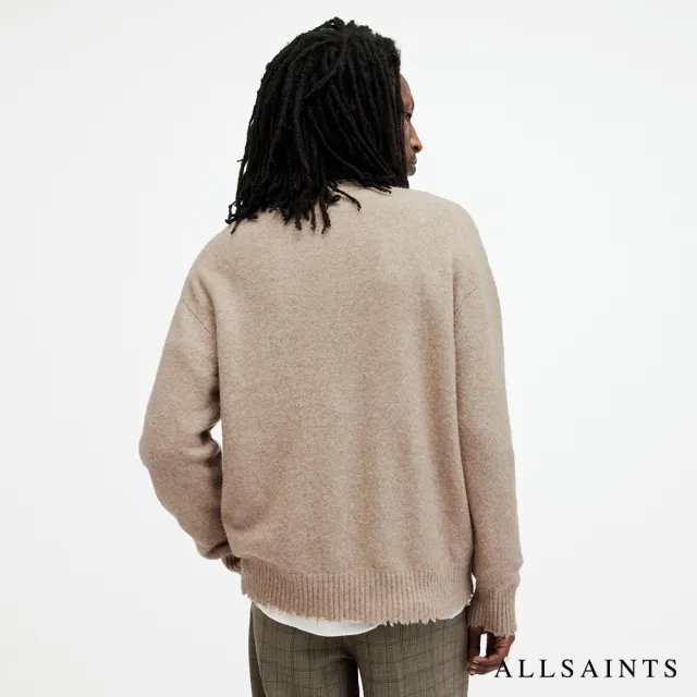 【ALLSAINTS】TIAGO 寬鬆仿舊羊毛LOGO不收邊針織上衣-淺棕色 MK011KA(舒適版型)