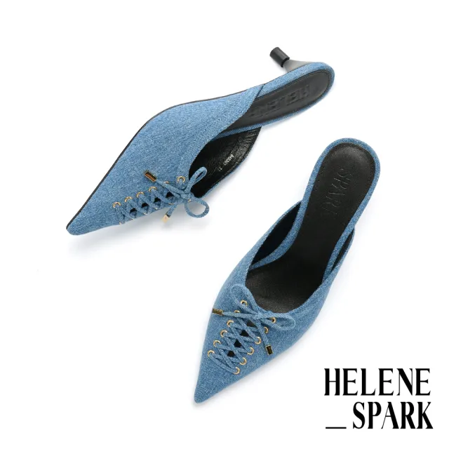 【HELENE_SPARK】系縷馬甲丹寧布穆勒高跟拖鞋(藍)