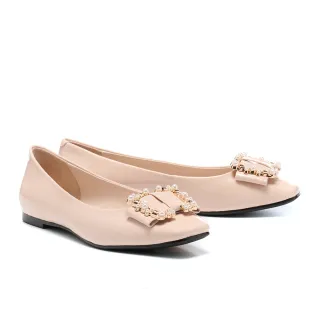 【AS 集團】優雅珍珠蝴蝶結全真皮方頭娃娃平底鞋(粉)
