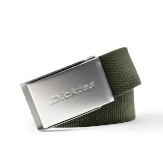 【Dickies】男女款軍綠色金屬Logo壓印帶扣式腰帶｜DK012231MGR