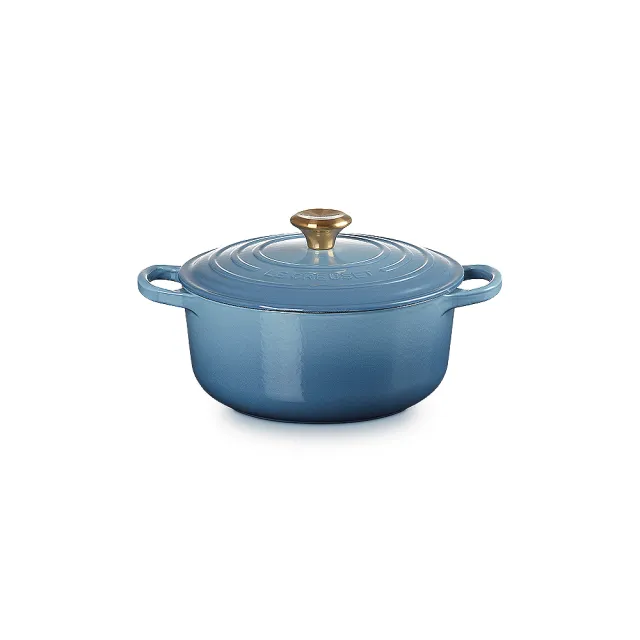 Le Creuset】典藏琺瑯鑄鐵鍋圓鍋20cm(藍色迷霧-金頭-內鍋白) - momo