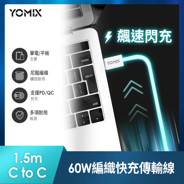 【YOMIX 優迷】1.5M USB-C to USB-C 60W編織快充充電傳輸線(筆電/Android/支援iphone16快充)