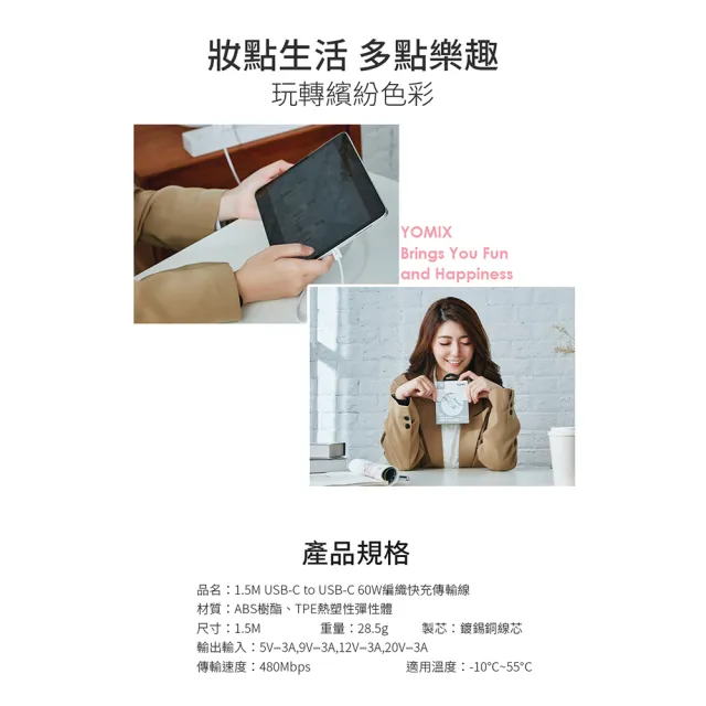 【YOMIX 優迷】1.5M USB-C to USB-C 60W編織快充充電傳輸線(筆電/Android/支援iphone15快充)