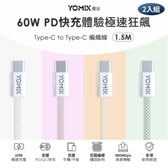 2入組 YOMIX 優迷 1.5M USB-C to USB-C 60W編織快充充電傳輸線(筆電/Android/Switch/支援iphone15快充)