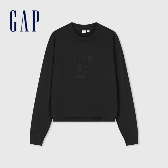 GAP 女裝 Logo印花圓領長袖T恤 GapFit系列-黑