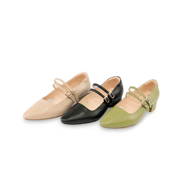 【GREEN PINE】優雅瑪莉珍柔軟羊皮粗跟鞋綠色(00569325)