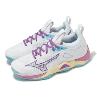 【MIZUNO 美津濃】排球鞋 Wave Momentum 3 女鞋 白 紫 緩衝 止滑 羽排鞋 室內運動 美津濃(V1GC2312-37)