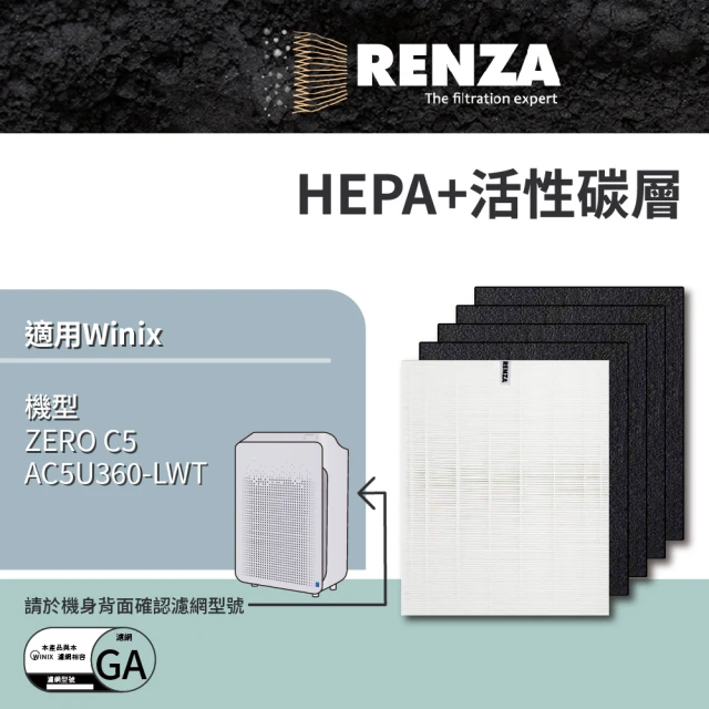 【RENZA】適用Winix ZERO C5 AC5U360-LWT Costco款 空氣清淨機(HEPA濾網+活性碳濾網 濾芯)