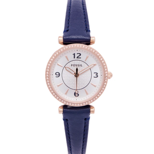 FOSSIL 甜美風格款錶框鑲鑽皮革錶帶手錶-銀色面x藍色系