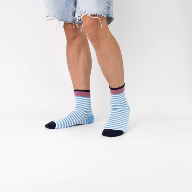 【WARX】復古條紋中筒襪-藍白(除臭襪/機能襪)