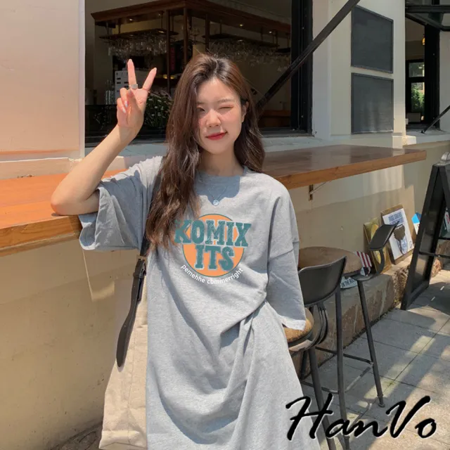 【HanVo】現貨 KOMIXITS印花短袖長洋裝(吸濕排汗側開岔寬鬆連衣裙 韓系女裝 女生衣著 A06-3702)