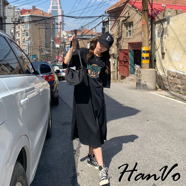 【HanVo】現貨 KOMIXITS印花短袖長洋裝(吸濕排汗側開岔寬鬆連衣裙 韓系女裝 女生衣著 A06-3702)
