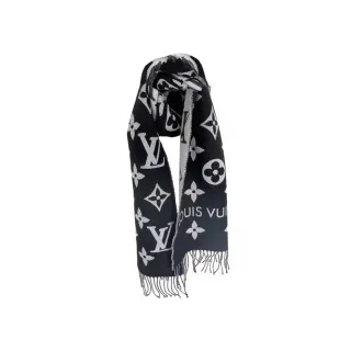 【Louis Vuitton 路易威登】M77853 經典ESSENTIAL系列特大Monogram圖案羊毛流蘇飾邊披巾/圍巾(黑色)
