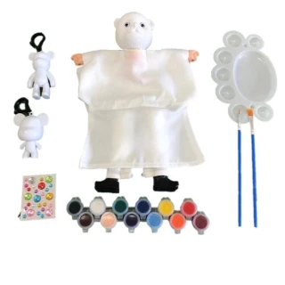 【A-ONE 匯旺】北極熊 黑熊 熊貓 DIY彩繪可愛布袋戲偶組含2彩繪流體熊12色顏料2水彩筆調色盤水鑽手作玩具偶