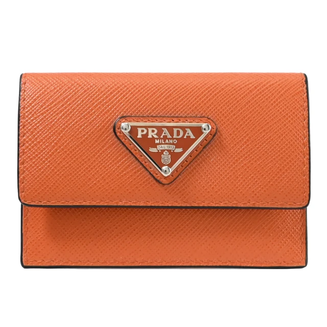 PRADA 普拉達 簡約經典三角LOGO防刮皮革翻蓋信用卡卡片夾(橘)