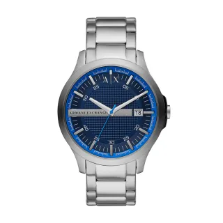 【A|X Armani Exchange 官方直營】Hampton logo海藍紳士銀徽條 LOGO 設計不銹鋼手錶 46mm AX2408