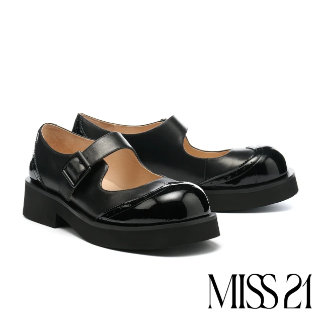 MISS 21 微酸個性潮感純色方釦鉚釘圓頭厚底鞋(黑)優惠