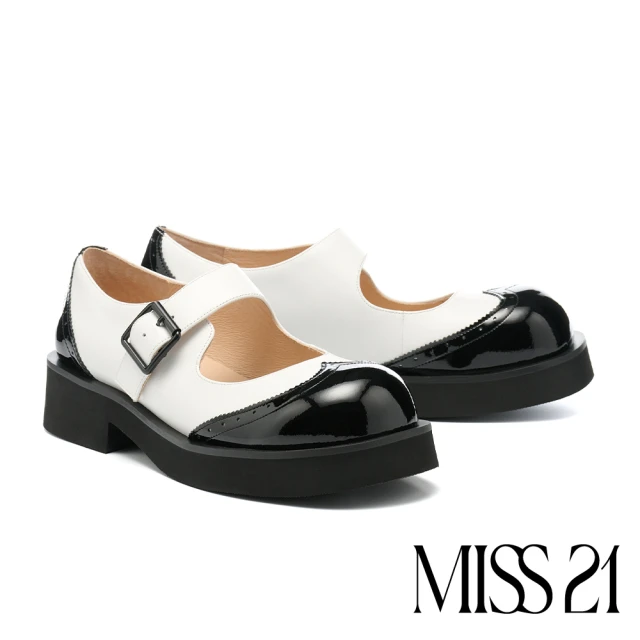 MISS 21 微酸率性少女沖孔異材質撞色拼接瑪莉珍大頭厚底鞋(白)