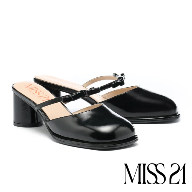 MISS 21 微酸率性少女牛漆皮簍空方釦水台高跟涼鞋(黑)