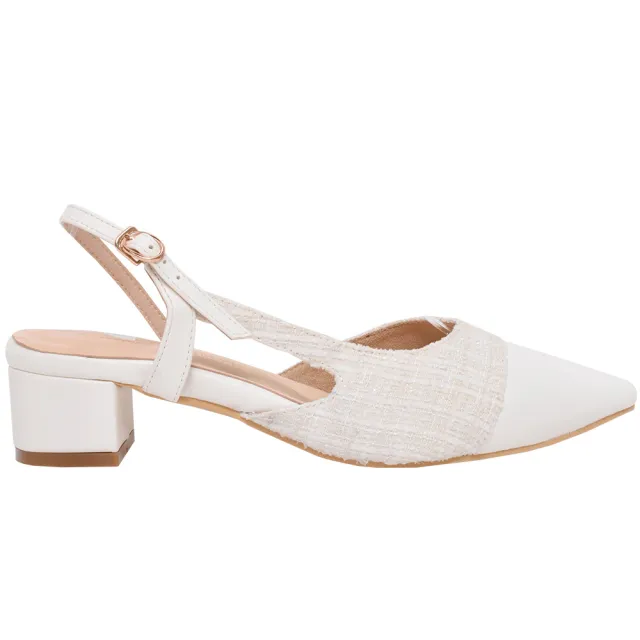 【Ann’S】寬腳版友善-小香風柔軟毛呢 性感拉帶低跟尖頭鞋4cm(白)