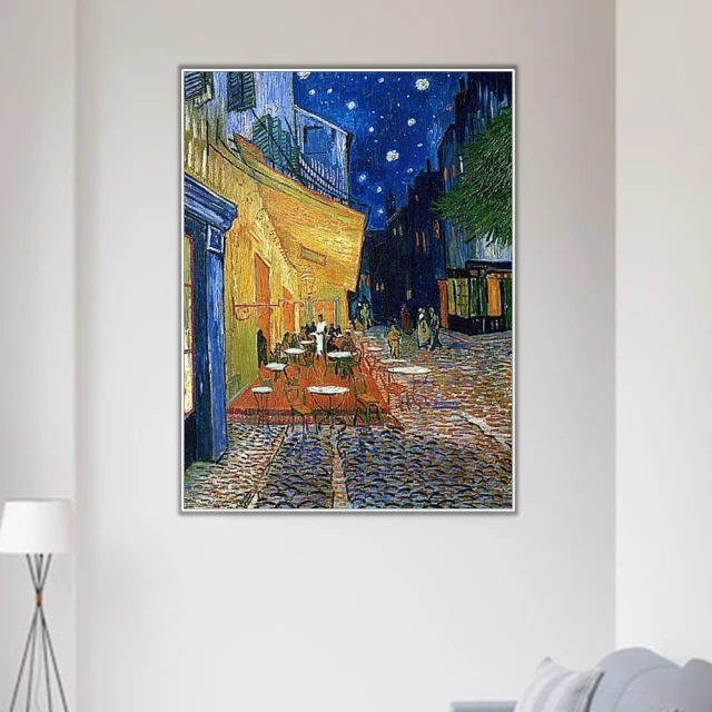 《夜晚露天咖啡座》梵谷．後印象派 世界名畫 經典名畫 風景油畫-白框60x80CM