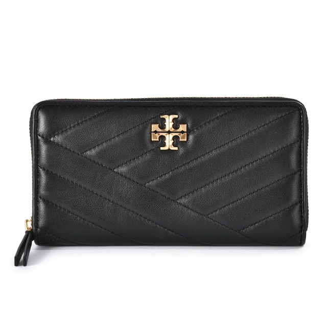 TORY BURCH KIRA 雙T金屬LOGO V字壓紋小羊皮拉鍊長夾(黑色)