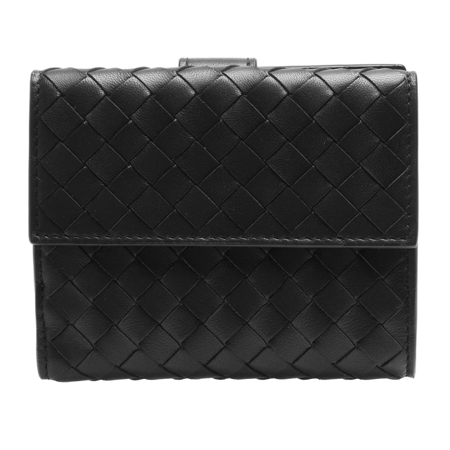 BOTTEGA VENETA 寶緹嘉 經典編織小羊皮零錢袋雙釦短夾(黑/4卡382576-V001N-1000)