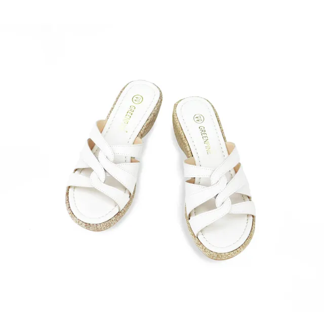【GREEN PINE】交錯編織6.5cm楔形拖鞋白色(00415014)