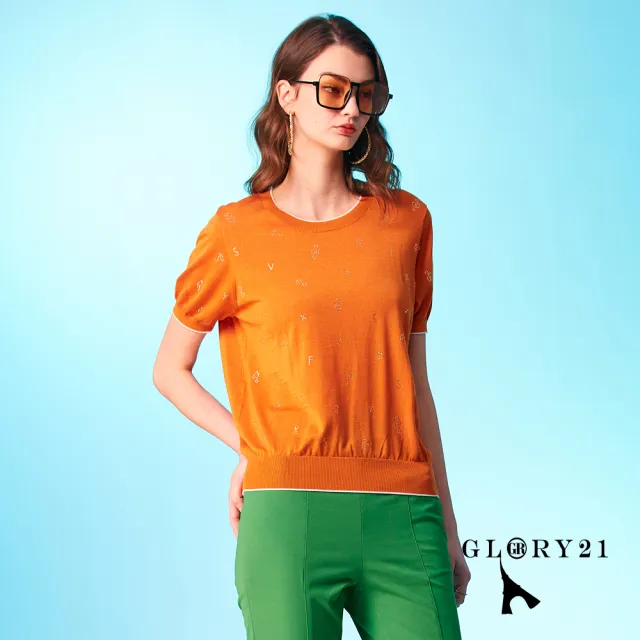 【GLORY21】速達-網路獨賣款-圓領燙鑽天絲短袖針織上衣(橘色)