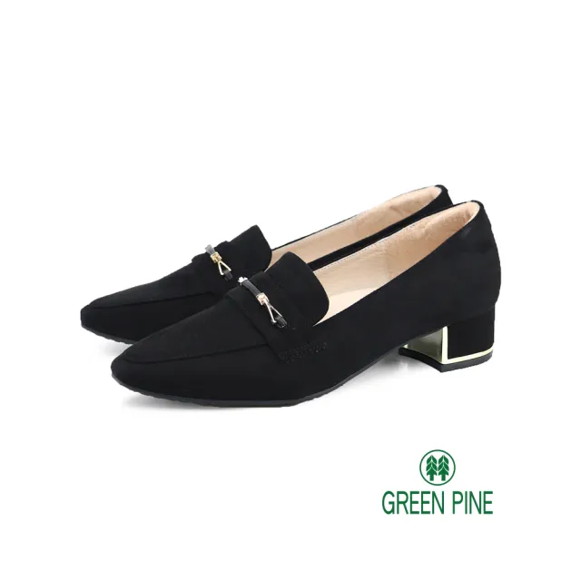 【GREEN PINE】氣質絨布小方頭中跟樂福鞋黑色(00656317)